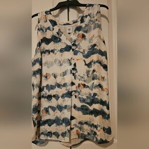 CAbi Cream Blouse with Blue & Orange Abstract Print